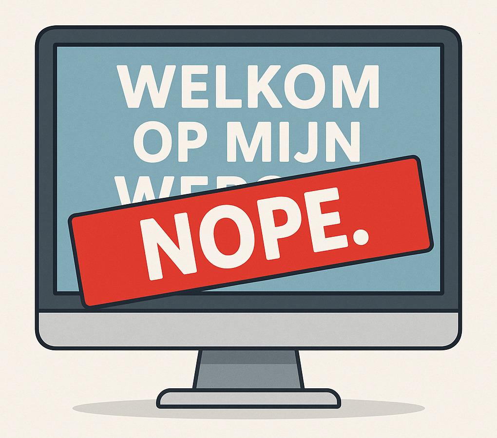 Scherm van computer met welkom op mijn website en een groot rood kruis er doorheen.